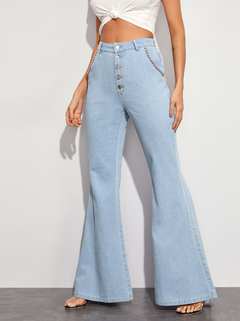 Vêtements femme pantalon large évasé en jean décontracté et polyvalent_voghion.com