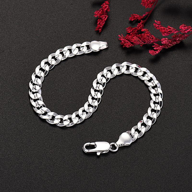 Jewelry Copper Silver Plated Men's And Women's 7MM Side Concave Carved Bracelet Cuban Chain_voghion.com
