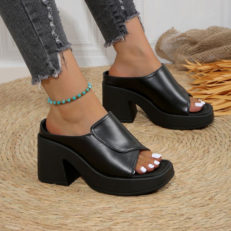 One-line Solid Color Square Head Women's Large Size Thick High-heeled Slippers_voghion.com