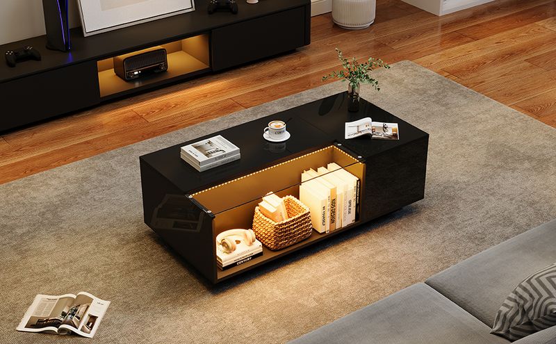 Table basse LED 100 x 50 x 35 cm avec rangement, table de salon en verre noir brillant avec 2 tiroirs, table d'appoint de canapé moderne_voghion.com