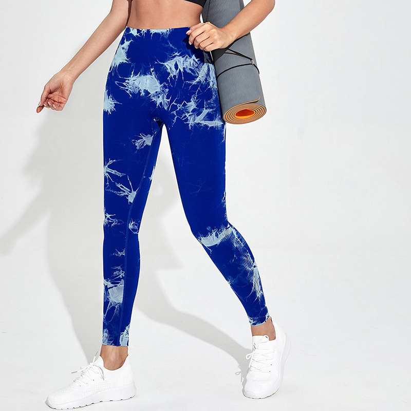 Nahtlose Batik-Sportstrumpfhose mit hoher Taille, elastische, pfirsichfarbene, hüfthebende Yogahose, Lauf-Fitnesshose_voghion.com