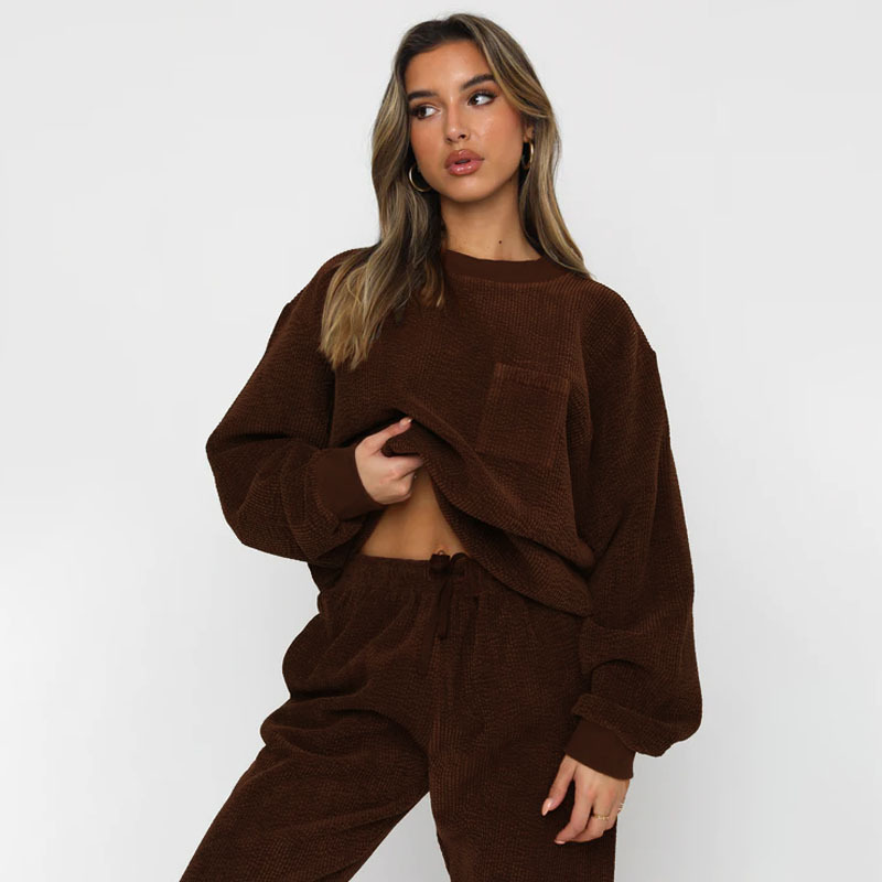 Women's corduroy solid color crewneck pullover long-sleeved two-piece stylish pantsuit_voghion.com