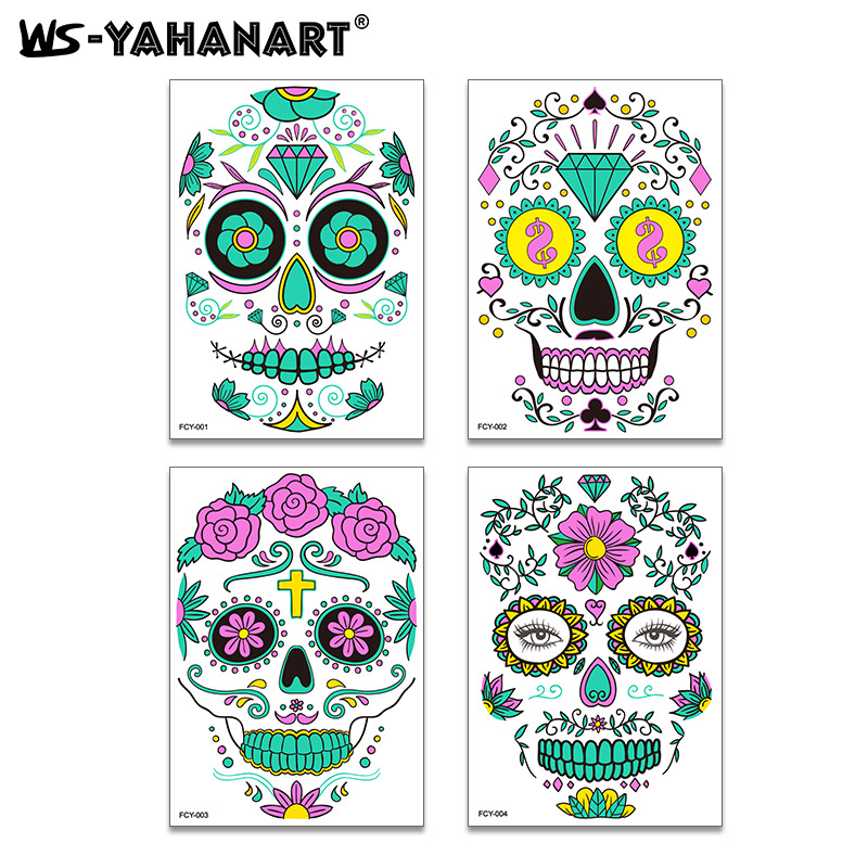Roligt halloween-tatueringsansikte i två färger med glöd-i-mörkret med Day of the Dead scar-tatueringsklistermärke_voghion.com