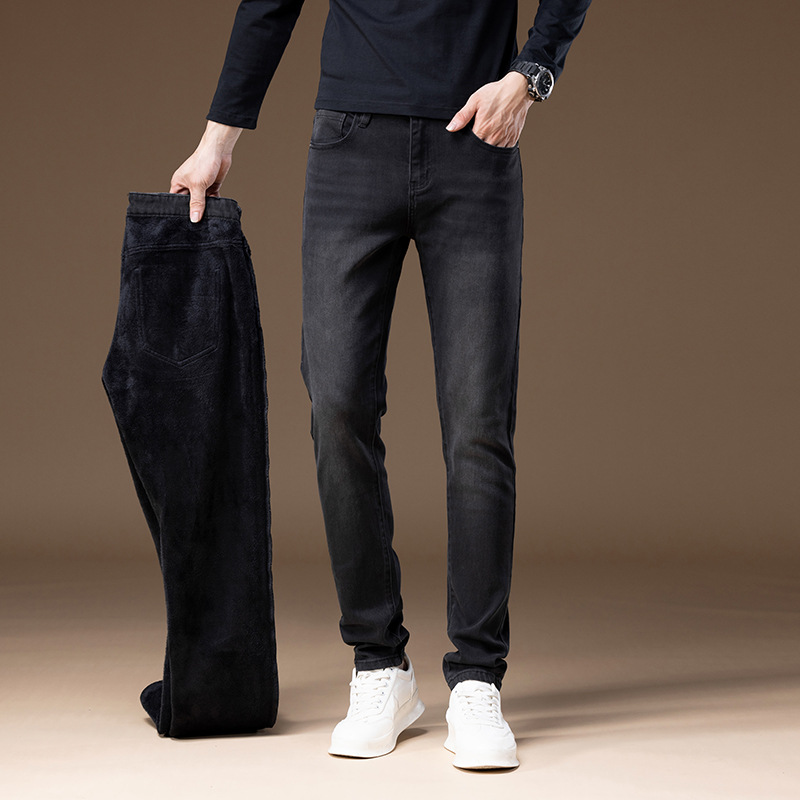 Autunno Inverno Foderato in pile Ispessito Premium Nero Grigio Semplice Denim Slim Fit Elasticizzato Versatile Leggero Lusso Piccolo_voghion.com