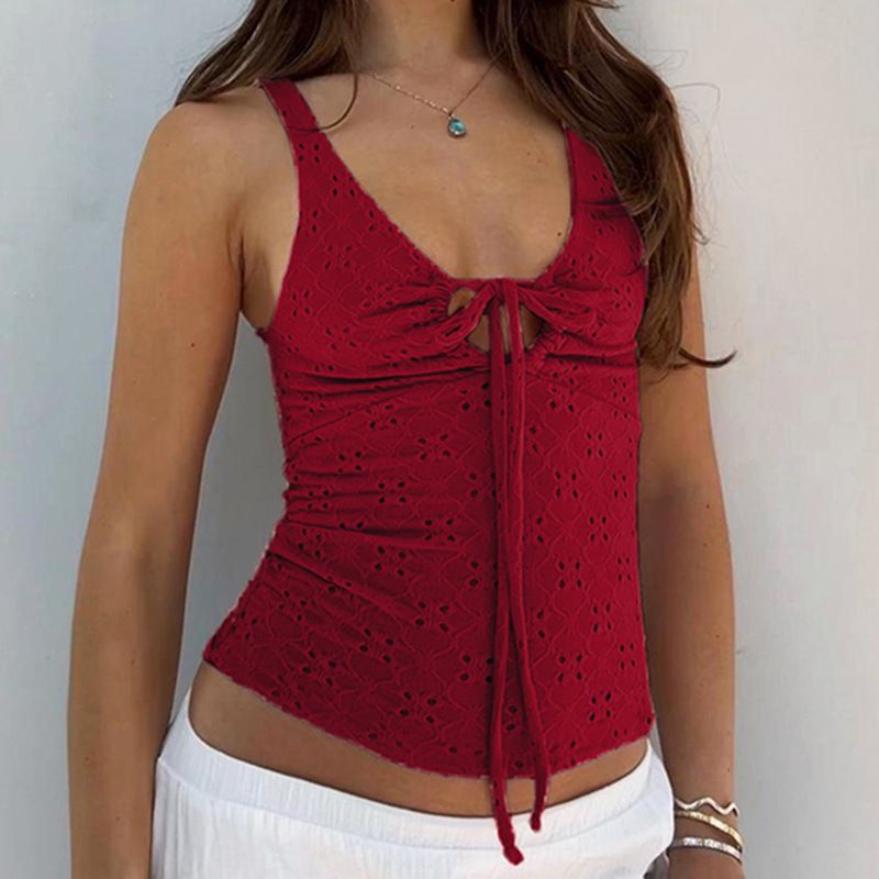 Damenbekleidung INS Style Hohltextur Kordelzug Schleife Hosenträger Hot Girl Sexy V-Ausschnitt Abnehmen Weste_voghion.com
