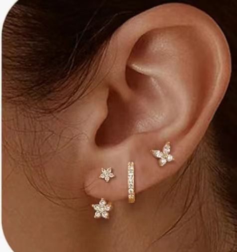 Real Gold Brass Electroplating, Hot Selling Across, Cute Luxury Earrings With Zircon Stars And Butterflies, Three Piece Set_voghion.com