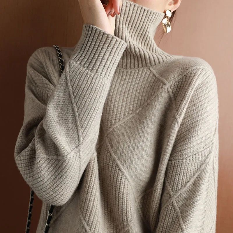 Maglione pullover da donna autunno e inverno nuovo, spesso, caldo, alla moda, lavorato a maglia, in lana, con collo alto DF4845_voghion.com
