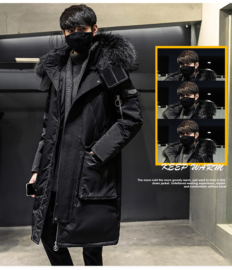 Herrenbekleidung 2024 Neue Winter-Daunenjacke für Herren, lang, verdickt, warm, großer Pelzkragen, trendiger, lockerer weißer Entendaunenmantel mit Kapuze_voghion.com