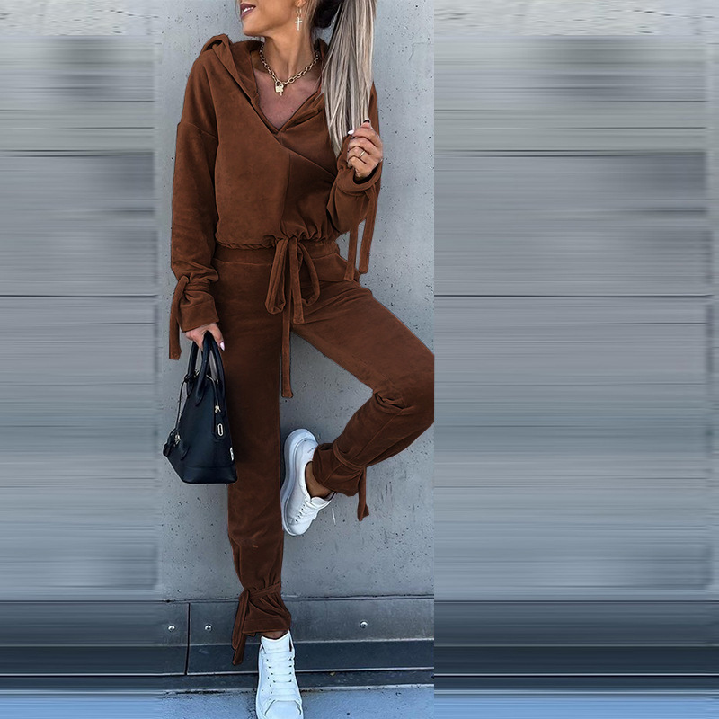 Set da donna in due pezzi, felpa con cappuccio, tinta unita, casual, autunno, a maniche lunghe_voghion.com