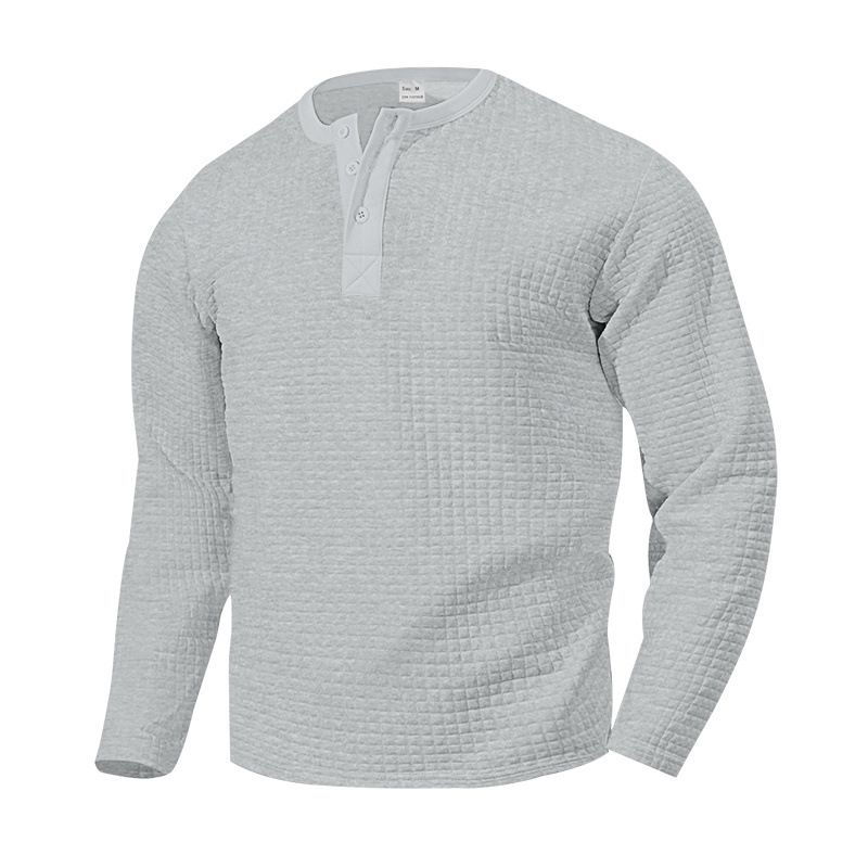 Men's Solid Color Henley Shirt - Vintage Long-Sleeve Pullover With Jacquard Check Pattern (Button Front, S-XXXL, 260GSM)_voghion.com