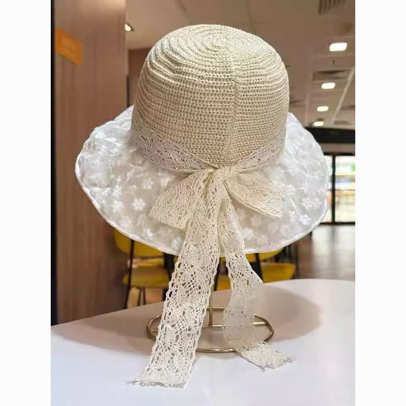 Straw Hat Summer New Hat Sunscreen Bucket Hat Seaside Lace Vacation Bow Beach Visor Sun Hat_voghion.com