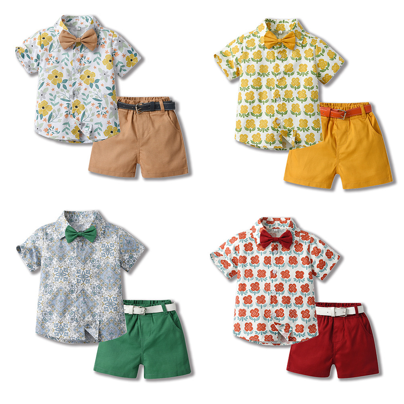Kinderkleidung, Sommer-Kinderrevers, Baumwollhemd, Schleife, kurzärmlige Strickjacke, Jungen-Shorts, zweiteiliges Set_voghion.com