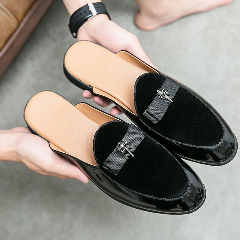 Leder-Halbschuh für geschlossene Zehenpartie, rückenfreie Herrensandalen, Lack-Sommer-Slip-On, Freizeitschuhe_voghion.com