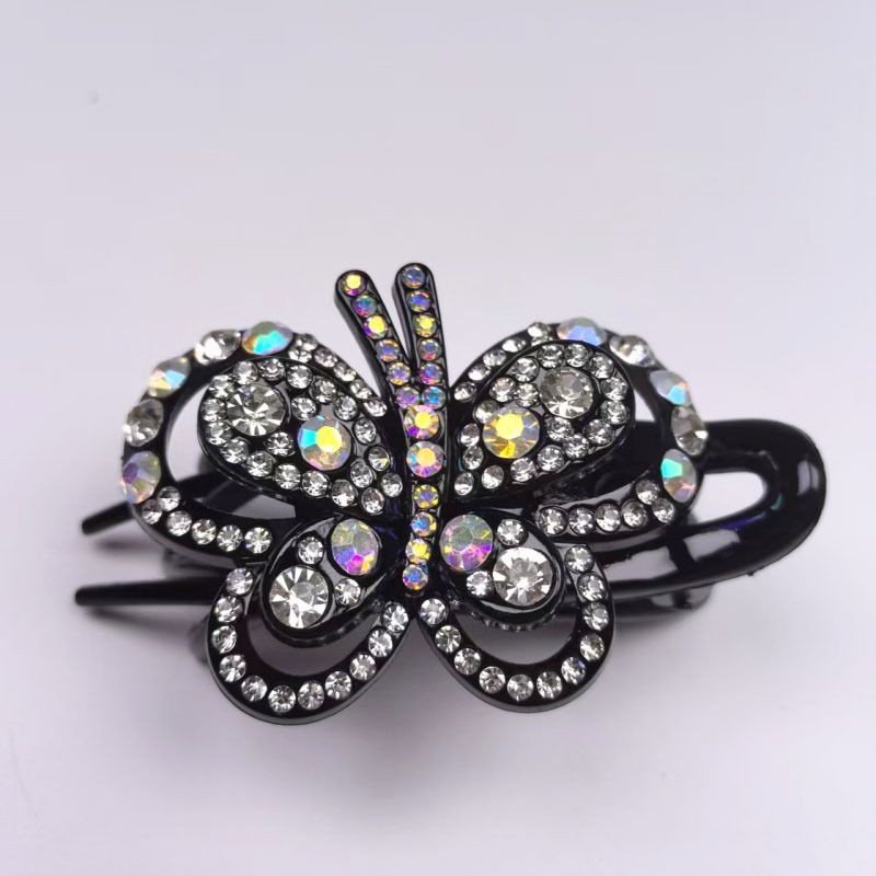 Fermaglio a becco d'anatra con strass per acconciatura raccolta, elegante fermaglio per capelli in stile coreano con design a farfalla con strass, fermaglio a tre denti, forcina per capelli._voghion.com