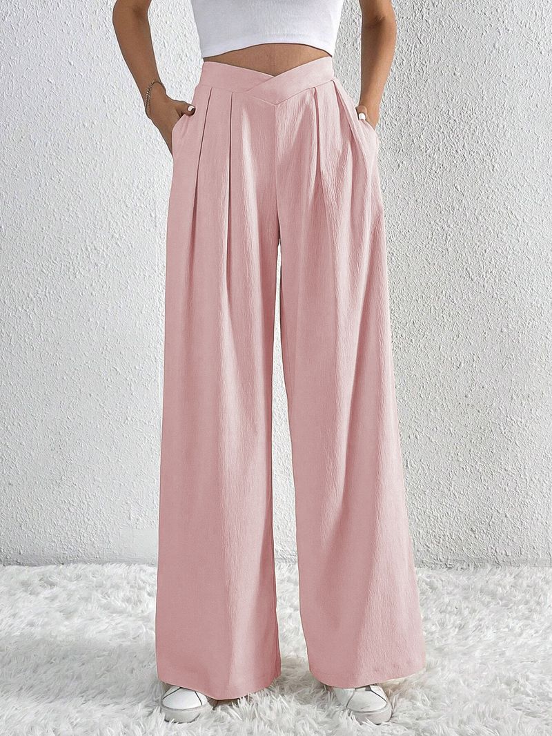 Pantalones plisados de estilo urbano para mujer, de algodón y lino, informales, de pierna ancha_voghion.com