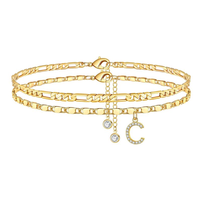 New Bohemian Zircon 26 Letters Copper Plated 14k Gold Figaro Chain Double Layer Stacked Anklet_voghion.com