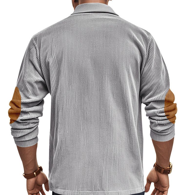 Herren Retro Cord Locker Lässig Revers Langarmhemd Patch Poloshirt_voghion.com