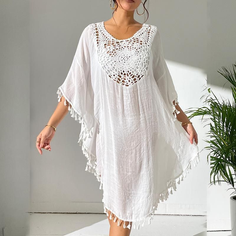 Crochet-Trimmed Polyester Beach Cover-Up – Flowy & Sexy Bikini Wrap For Vacation & Swim (One Size) – Lightweight & Stylish_voghion.com