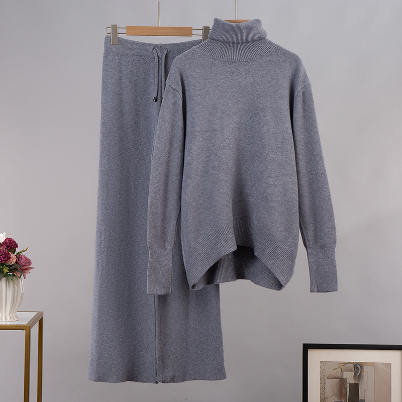 Cross-Border Solid Color Turtleneck + Wide-Leg Pants Knitted Two-Piece European And American 2025 Winter Versatile Loose_voghion.com
