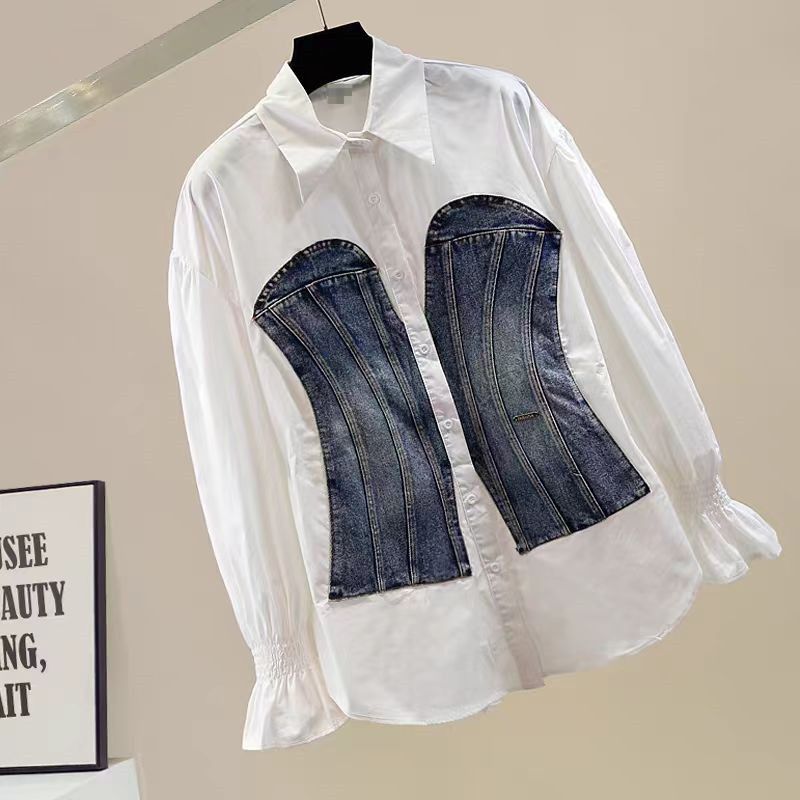 Abbigliamento da donna Design senso camicia in denim con cuciture a maniche lunghe da donna 2024 primavera nuova moda slim all-match di media lunghezza_voghion.com