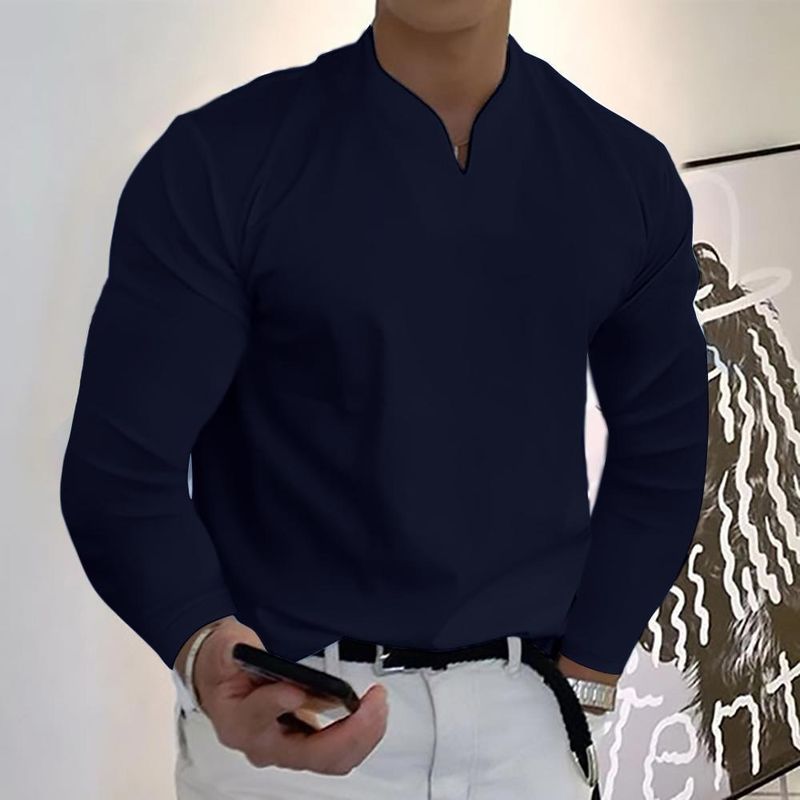 Ropa para hombre Nueva camiseta de manga larga con cuello en V para hombre Top transpirable informal_voghion.com