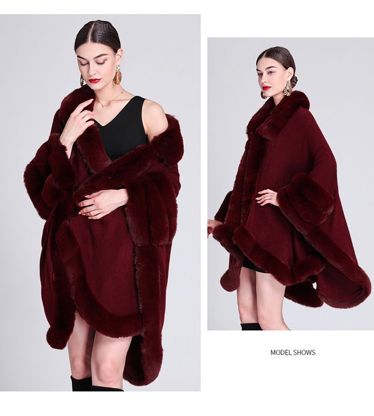 Pelerină cu guler de blană, cardigan tricotat lejer, mărime plus, pelerină pentru femei_voghion.com