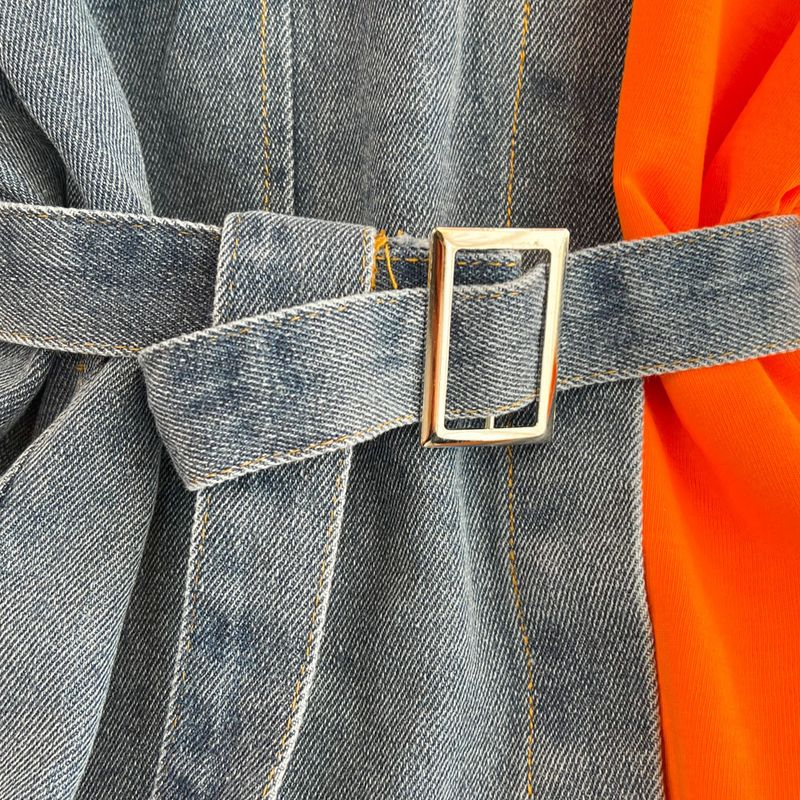 Abbigliamento da donna camicia in denim a blocchi di colore con girocollo in vita retrò, primavera, nuovo stile, chic, casual, di media lunghezza_voghion.com