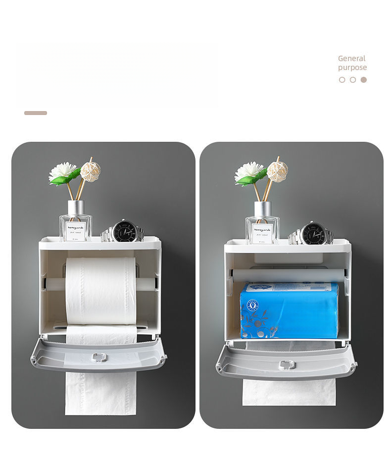 Bathroom Wall-Mounted Waterproof No-Drill Tissue Box Toilet Paper Roll Holder Storage Rack_voghion.com