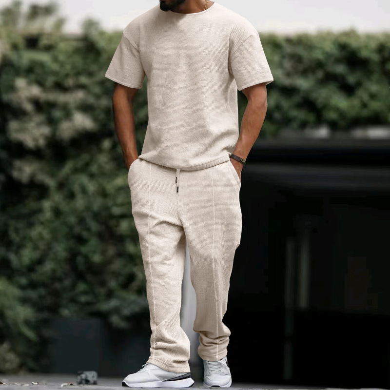 men's short-sleeved trousers suit heavyweight waffle oversize large size round neck casual suit_voghion.com