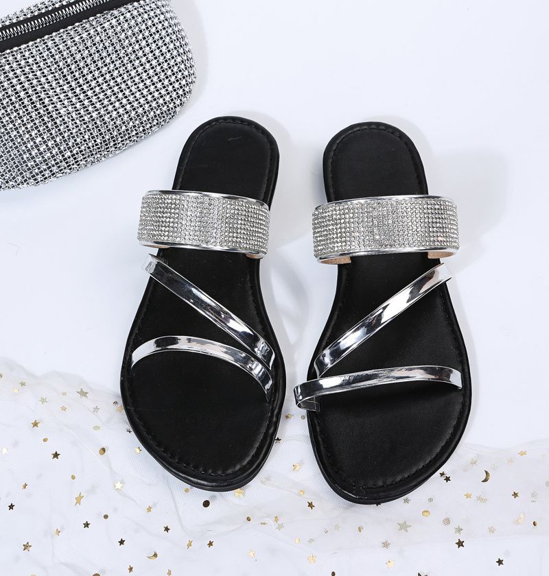 Women's Shoes Large Size Casual Slippers Summer New Round Head Rhinestone Flat Sandals_voghion.com