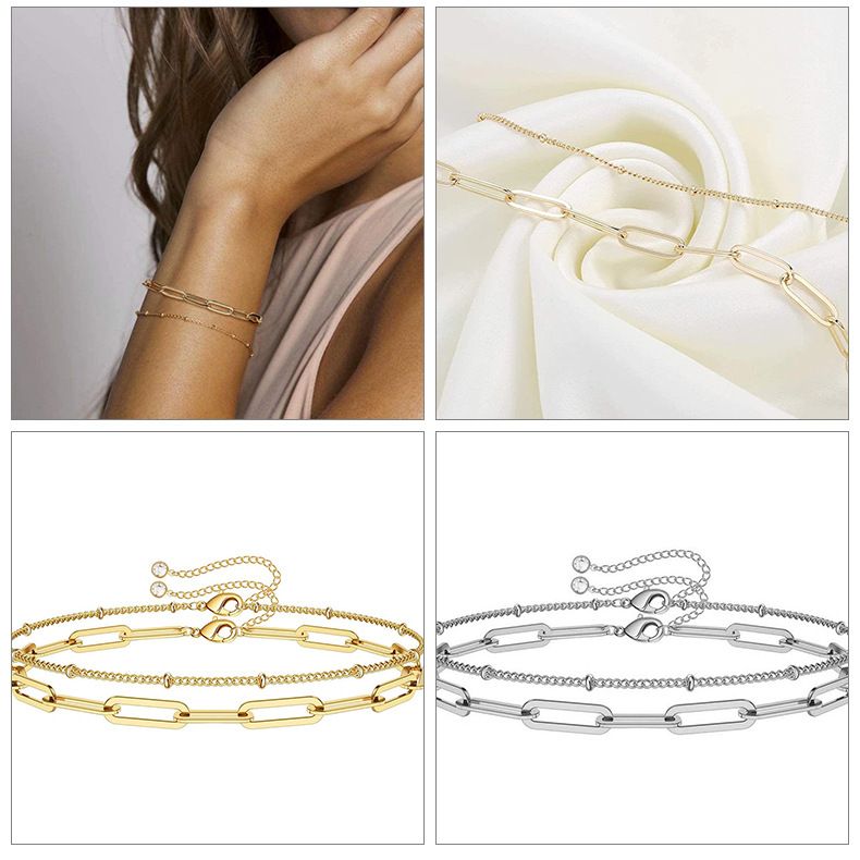 Pulseira feminina de clipe de papel com cabo de camada dupla de ouro requintado, geométrica, extensível, personalidade, pequena pulseira de presente_voghion.com