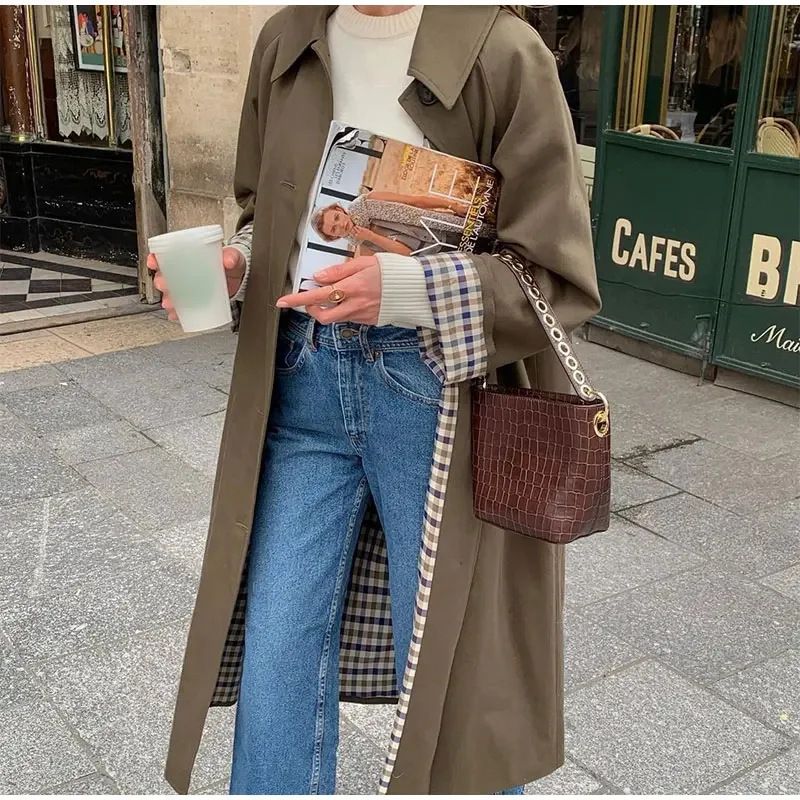 Giacca a vento elegante da donna con risvolto lungo e bottoni, per l'autunno e l'inverno_voghion.com