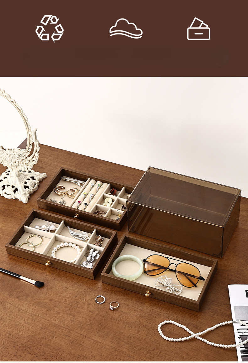 Joyero multifuncional tres en uno de madera maciza con cajón, color nogal, resistente al polvo y a la humedad._voghion.com