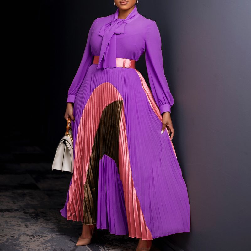 Großes Damenkleid im Herbst 2024, Neuheit mit Schnürung, Plissee, langen Ärmeln, Farbblock, elegantes Kleid mit Temperament_voghion.com
