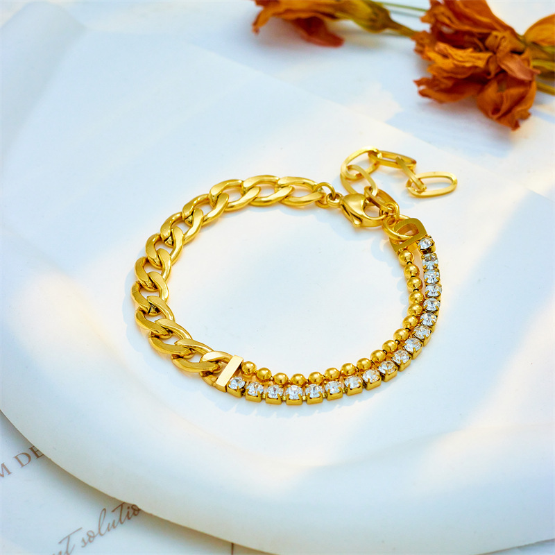 Asymmetrisches, mit Diamanten besetztes, doppellagiges, dickes Kettenarmband aus Titanstahl und Metall, Punk-Hip-Hop, schlichtes All-Match-Schmuckarmband_voghion.com