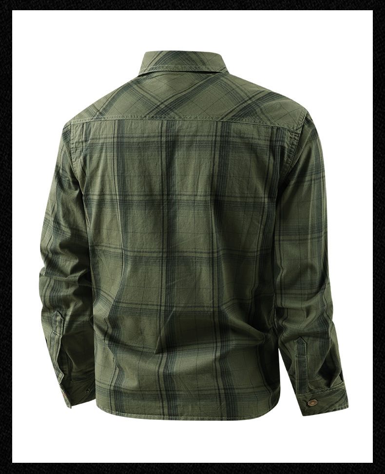 Men's Classic Plaid Work Shirt, 100% Cotton Long Sleeve Button-Up, Relaxed Fit For Business Casual & Outdoor Wear, Available In Army Green/Khaki/Navy_voghion.com