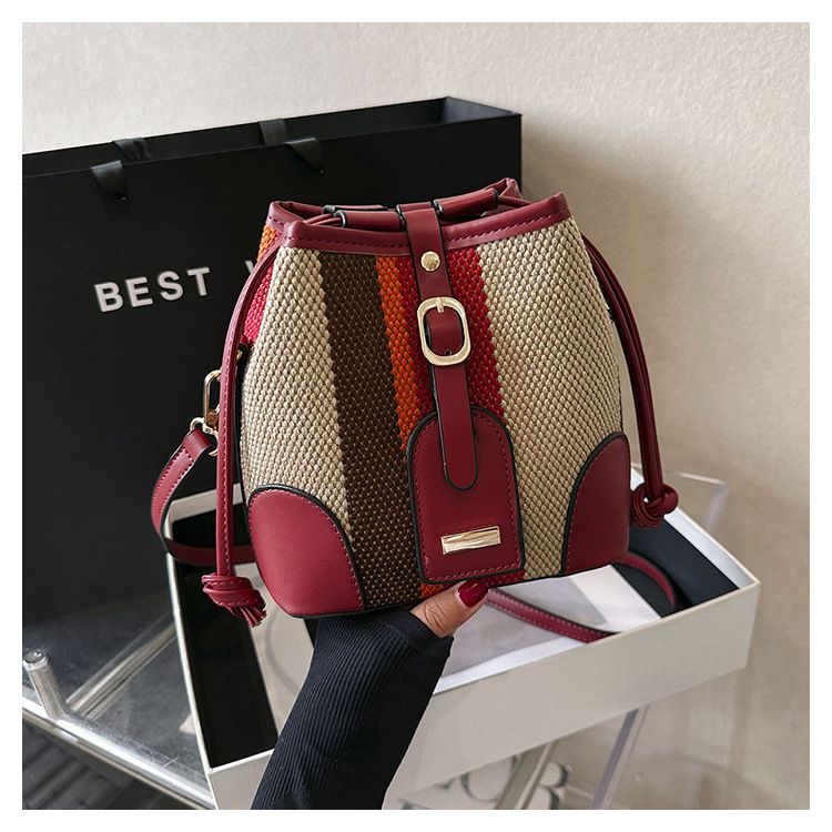 Sacs seau pour femmes, sac seau portable à rayures de couleur contrastée, sac à bandoulière tendance pour femmes_voghion.com