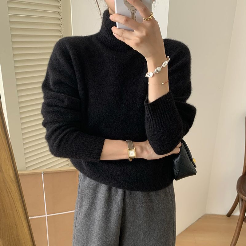 Grobstrickpullover mit hohem Halsausschnitt für Damen – Übergroßer, lässiger Rollkragenpullover, weiche Acrylmischung, einfarbiges Thermo-Oberteil für den Winter (Grau, Schwarz, Beige)_voghion.com