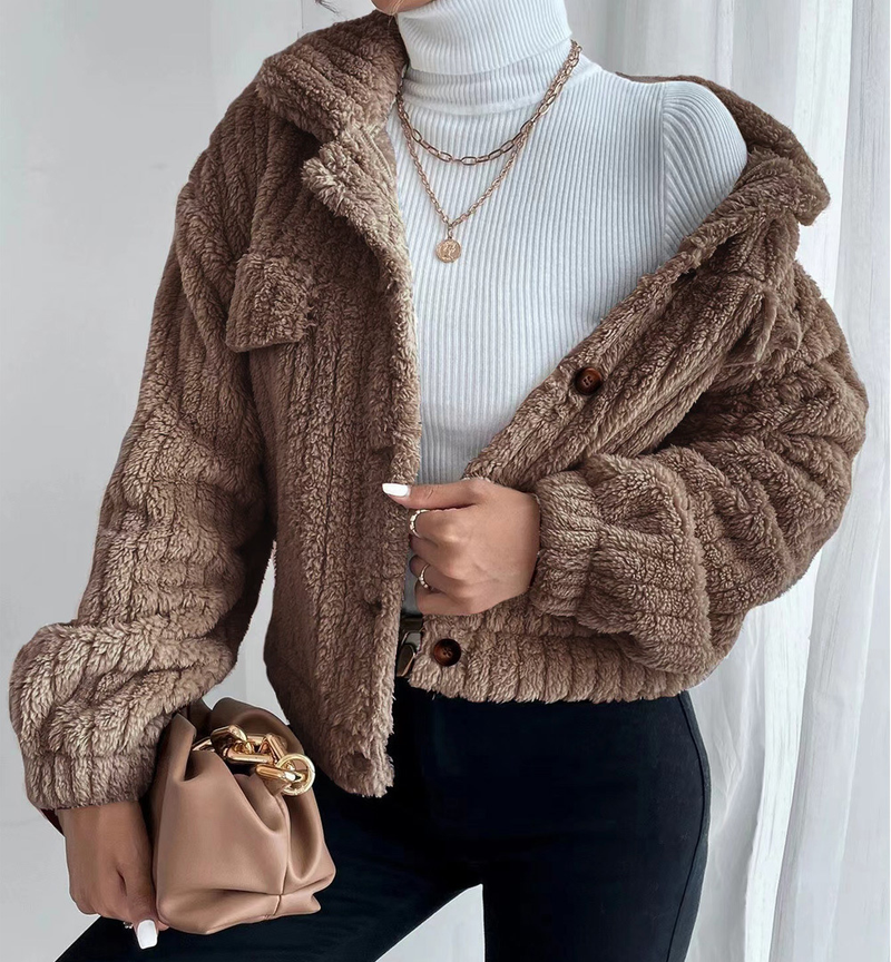Women's rabbit fleece coat lapel shirt with fleece comfortable casual thickened fleece coat_voghion.com