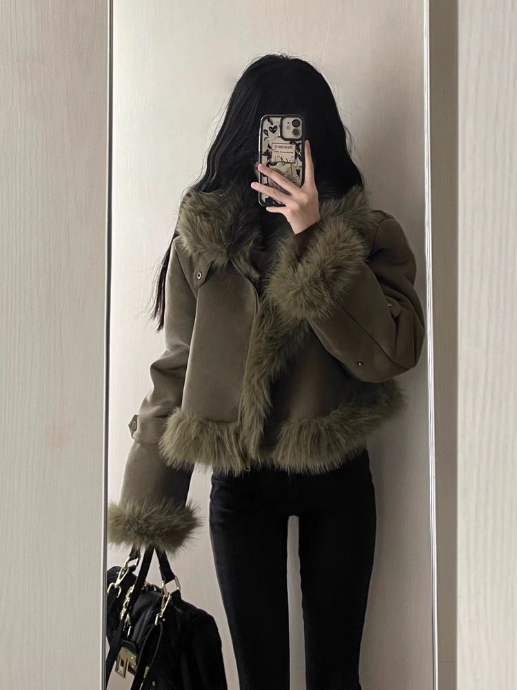 Cappotto corto in pelle di pecora scamosciata per donna, giacca da motociclista piccola spessa di alta qualità per autunno inverno_voghion.com