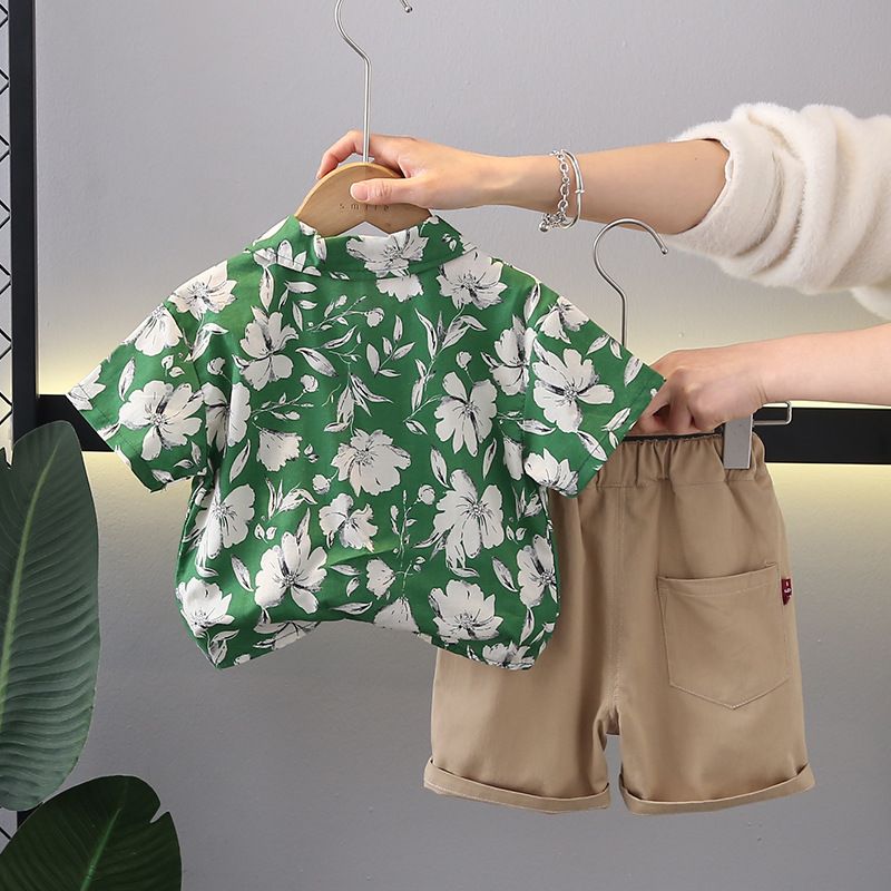 2024 sommer Neue Jungen Blume Hemd Flip Kragen Kurzarm Baby Casual Shorts Zwei Stück Set_voghion.com