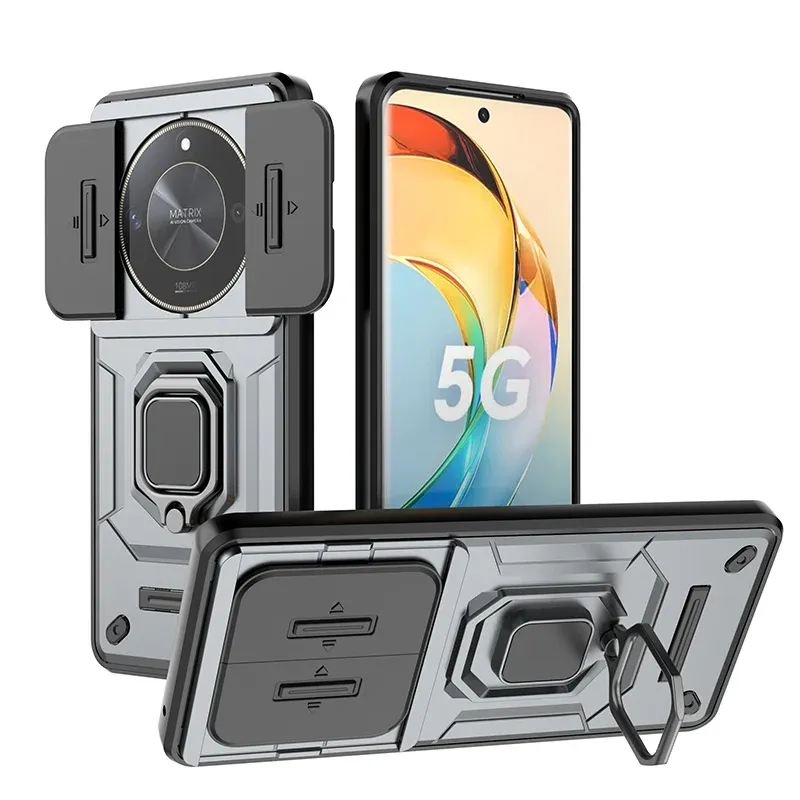 Funda protectora para teléfono con anillo de protección para lente de cámara deslizante y soporte para Honor 90 X9a X9b Magic 5 6 Magic5 Magic6 Lite_voghion.com
