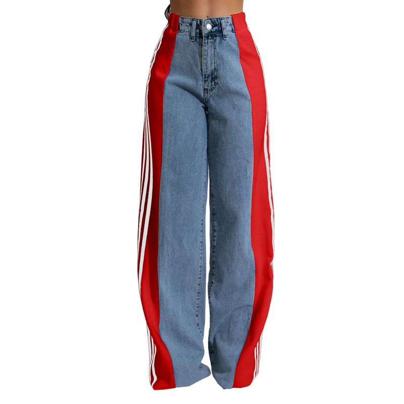 Ropa de mujer Pantalones vaqueros de pierna ancha con tres rayas y empalme de moda de verano Pantalones rectos elásticos de cintura alta informales nuevos para mujer_voghion.com