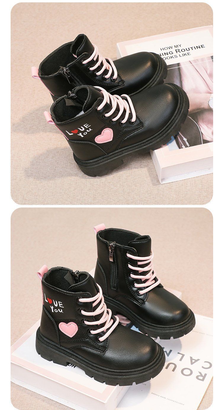 Bottines Martin doublées polaire pour fille – Bottines d'hiver pour enfants et ados, bottines courtes style princesse avec fermeture éclair latérale (pointures 26-37, noir/beige)_voghion.com