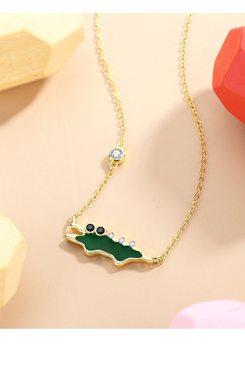 Damen Bijouset Moud Kleng Krokodil Halskette Sterling Sëlwer 14K Gold Kreativ Nisch Meedchen Häerz Schléissebeenkette Email Drëps Glue Halskette_voghion.com