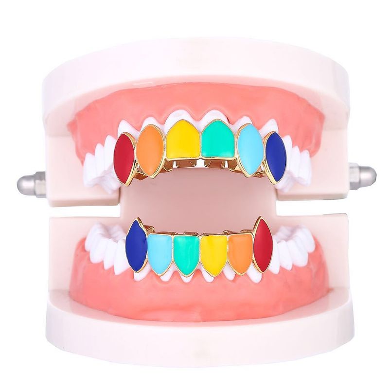 bretelle hip hop accessori decorativi bretelle dorate da vampiro zanne lucide colorate Halloween_voghion.com