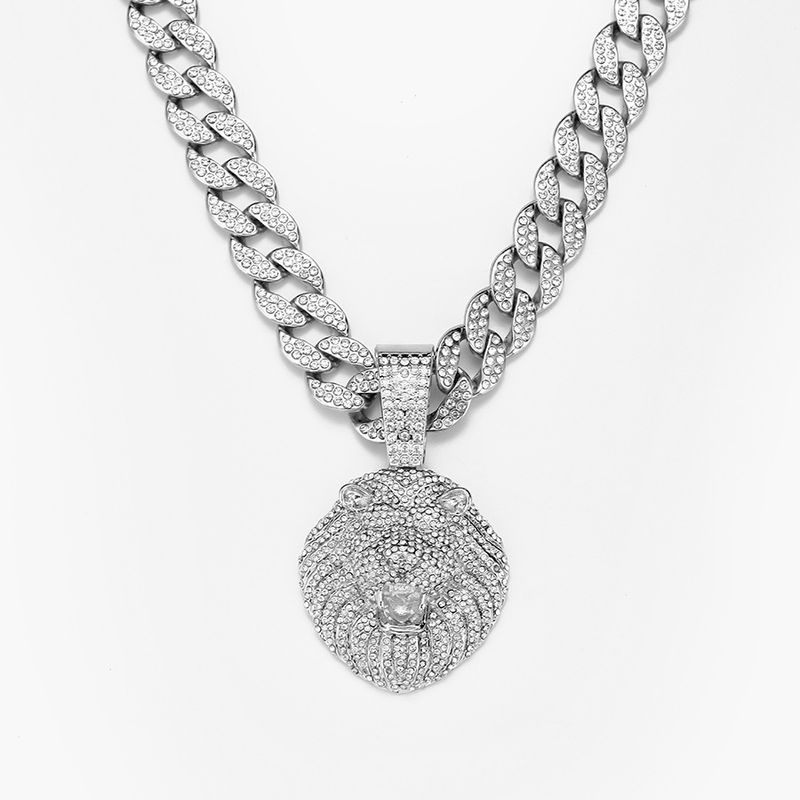 Cool Full Dia Personality Three Dimensional Lion Head Pendant Cuban Necklace Street Hip Hop Style_voghion.com