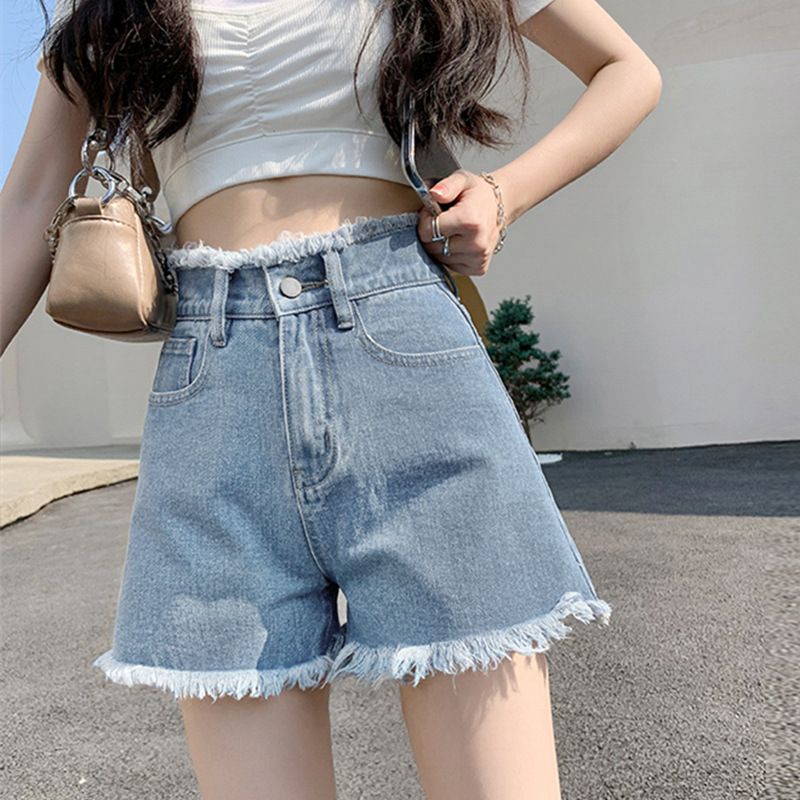 2025s 803 Lässige Jeans-Shorts mit weitem Bein für Damen, Sommer, hohe Taille, vielseitig, zierlich, schlankmachend, trendiger Ins-Stil, ausgefranste A-Linie_voghion.com