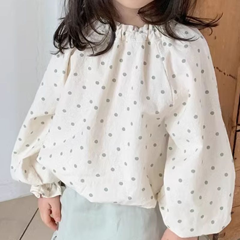 Κορεατική έκδοση Instagram φθινοπωρινή στολή, νέο κοριτσίστικο πουκάμισο φανάρι για μωρά, μοντέρνο φαρδύ πουά μανίκι με φούσκα και γλυκό τοπ_voghion.com