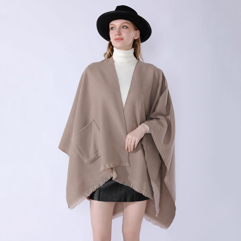 Nowy, jednolity kolor szala z prostymi i uniwersalnymi kieszeniami, ciepła peleryna, wysokiej jakości podróżna peleryna z rozcięciem_voghion.com